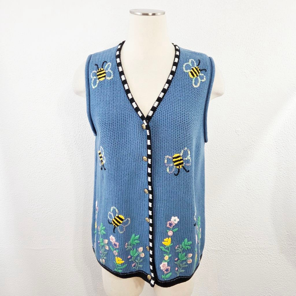 Vintage Quacker Factory 90s bee sweater vest blue knit sequin beaded size small